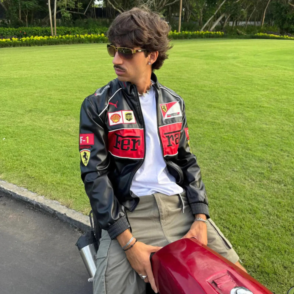 Black Ferrari Leather Vintage Racing Jacket