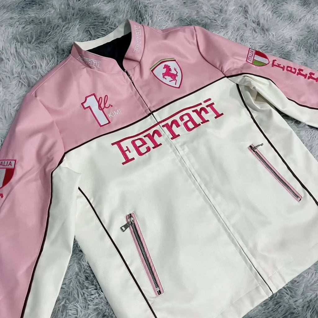 Pink Ferrari Leather Vintage Racing Jacket