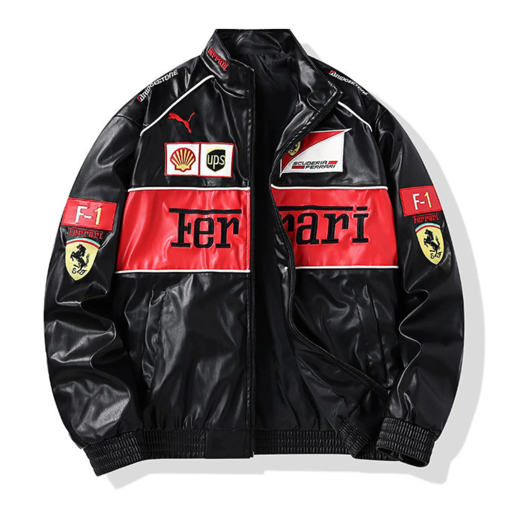 Black Ferrari Leather Vintage Racing Jacket