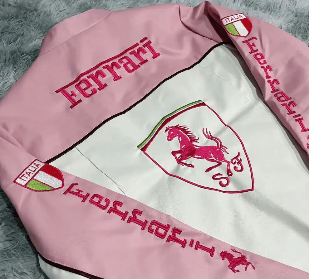 Pink Ferrari Leather Vintage Racing Jacket