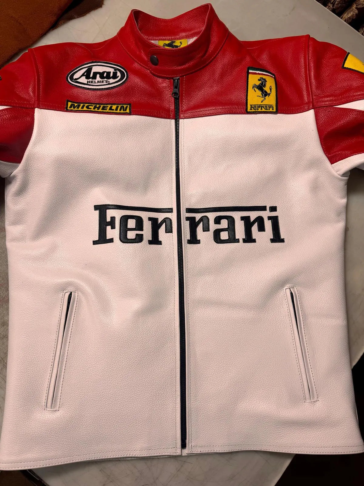 White Ferrari Leather Vintage Racing Jacket